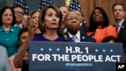 Speaker of the House Nancy Pelosi of California, speaks during a news conference on Capitol Hill in Washington, Jan. 4, 2019, about Introduction of H.R. 1 - For the People Act. 