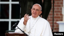 Pope Francis delivers remarks in front of Independence Hall in Philadelphia, Sept. 26, 2015. 