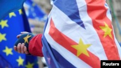 An anti-Brexit demonstrator wears a combination of EU and Union flags outside the Houses of Parliament in London, Britain, No. 26, 2018. 