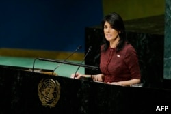 FILE - United States Ambassador to the United Nations Nikki Haley addresses the General Assembly prior to the vote on Jerusalem, at U.N. headquarters in New York, Dec. 21, 2017.