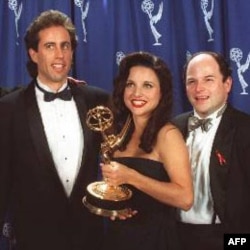 Jerry Seinfeld, left, Julia Louise-Dreyfus and Jason Alexander at the Emmy Awards in 1993