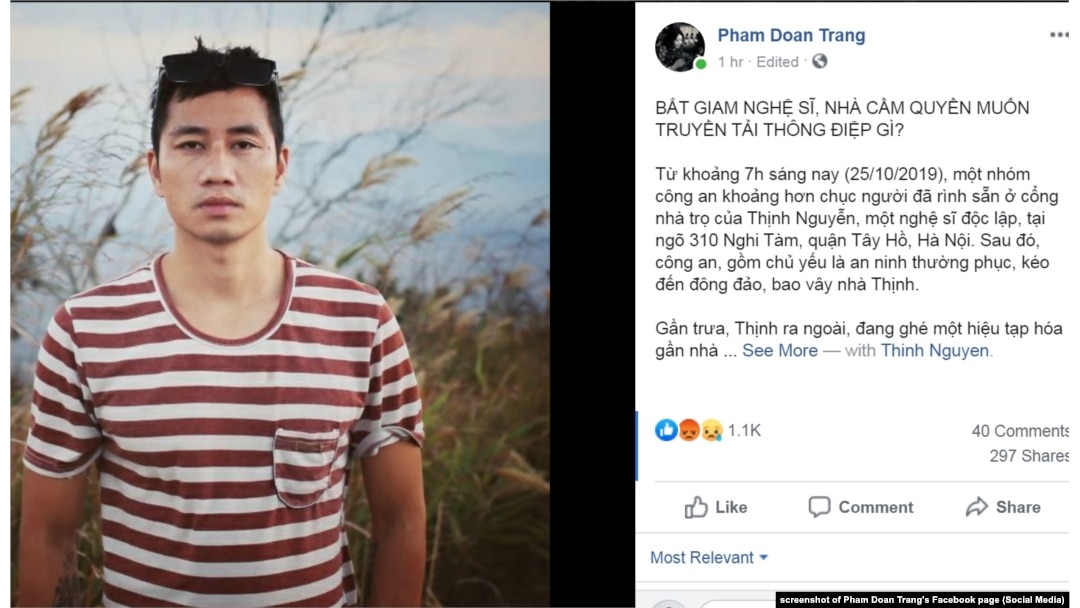 Ảnh nghệ sĩ tự do Thịnh Nguyễn trên trang Facebook của nhà hoạt động Phạm Đoan Trang