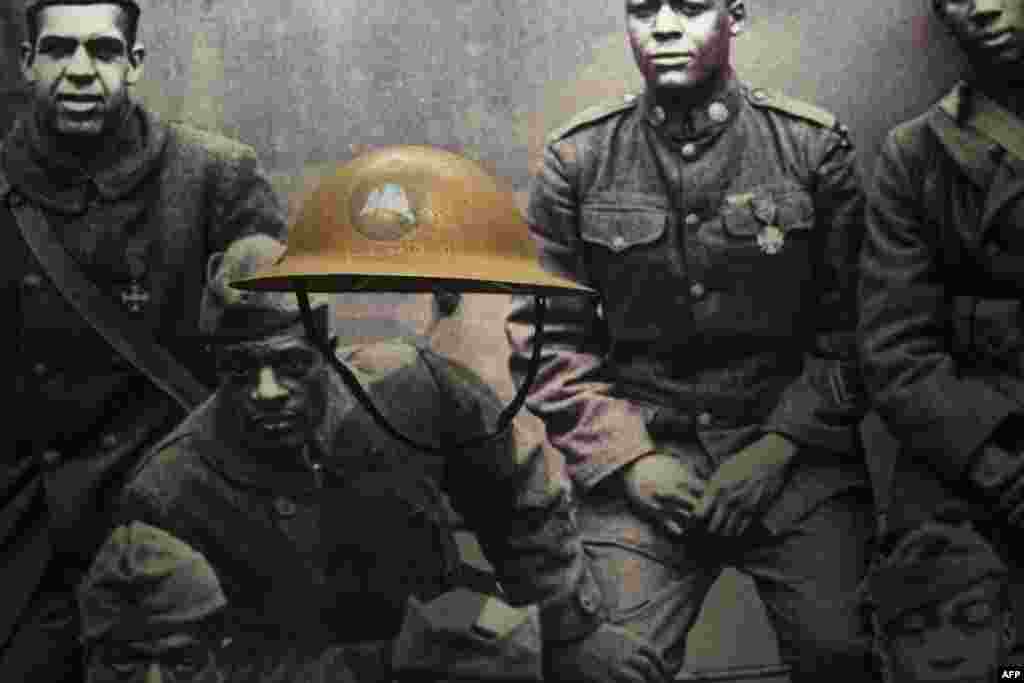 A helmet from the World War I Harlem Hellfighters is on display during a press preview at the Smithsonian&#39;s National Museum of African American History and Culture in Washington on Sept. 14, 2016.