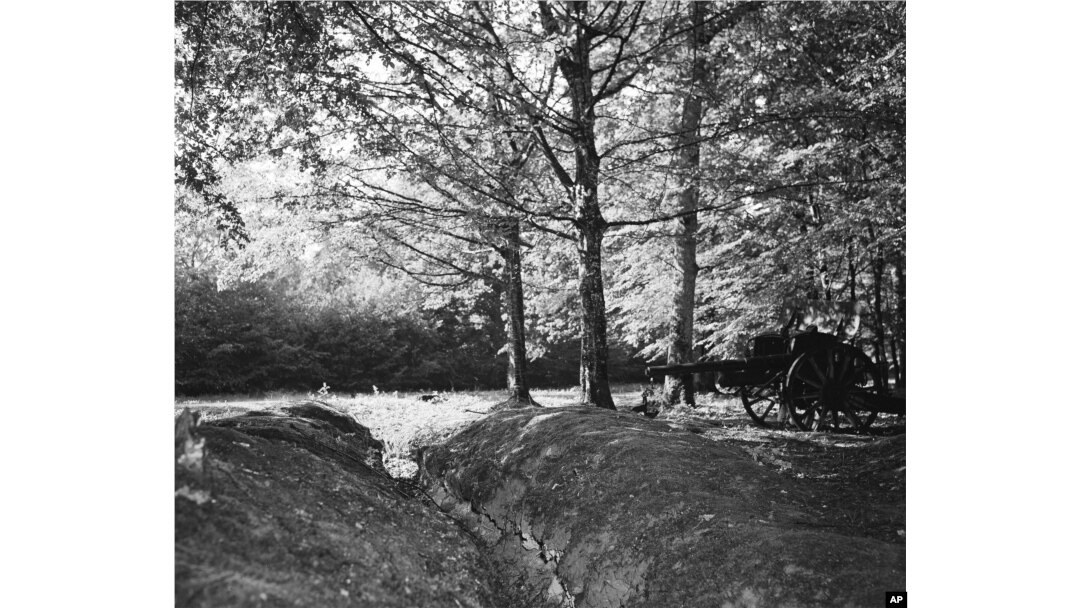 FILE - A World War I trench and artillery piece remain in the dark interior of Belleau Wood in France, June 5, 1948. The Battle of Belleau Wood, between U.S. Marines and German troops, was fought here between June 1-26, 1918.