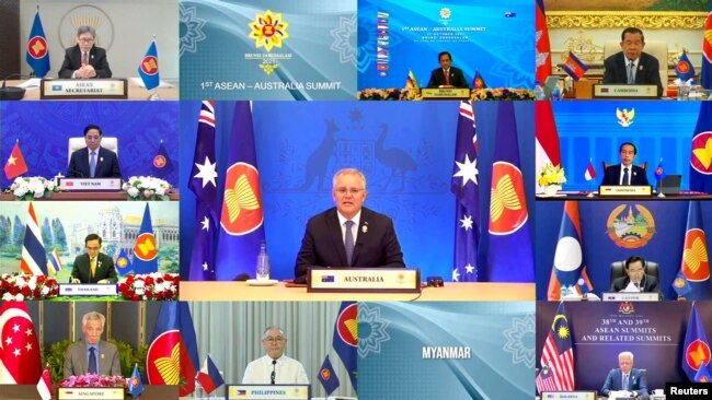 Thủ tướng Úc Scott Morrison phát biểu trực tuyến tại Hội nghị Thượng đỉnh ASEAN-Australia, do chủ tịch ASEAN Brunei tổ chức tại Bandar Seri Begawan hôm 27/10.