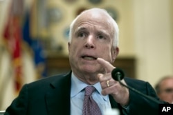 FILE - Sen. John McCain, R-Az., speaks on Captiol Hill in Washington, March 7, 2017.