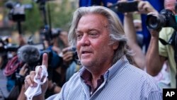 FILE - Then-President Donald Trump's former aide Steve Bannon speaks with reporters in New York City, Aug. 20, 2020. 