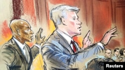 Prosecutors in the Paul Manafort trial, Uzo Asonye, left, and Greg Andre, are shown in a courtroom sketch on the fifth day of trial.