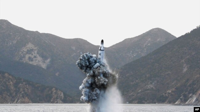 照片显示了一枚战略潜艇弹道导弹的水下试射，朝鲜中央通讯社2016年4月24日在平壤发布了这张未注明日期的照片。