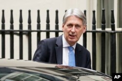 FILE - Britain's Chancellor of the Exchequer Philip Hammond leaves 11 Downing Street, in London, Dec. 10, 2018.