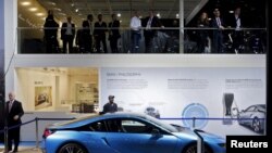 FILE - BMW i8 plug-in hybrid sports car is pictured at the Indian Auto Expo in Greater Noida, on the outskirts of New Delhi, India, February 3, 2016. 