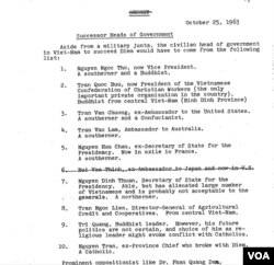 Công điện mật 25 tháng 10, 1963: Danh sách các nhân vật dân sự được xem là có thể thay thế tổng thống Ngô Đình Diệm hậu đảo chánh.