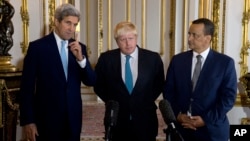 FILE - Making a joint statement on Yemen are, left to right, U.S. Secretary of State John Kerry, British Foreign Secretary Boris Johnson and U.N. Special Envoy for Yemen Ismail Ould Cheikh Ahmed, at Lancaster House in London, Oct. 16, 2016. 