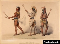 "The Ball Players," painting by 19th century artist George Catlin, depicts Choctaw, Sioux, and Ojibwe stickball players.