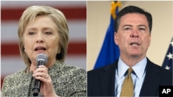 លោក​​ James Comey ប្រធាន​ការិយាល័​យស៊ើប​អង្កេត​សហព័ន្ធ ​FBI (ឆ្វេង) និយាយ​កាល​ពី​ថ្ងៃអង្គារ​ថា មិន​គួរ​មាន​ការ​ចោទ​ប្រកាន់​លោក​ស្រី​ Clinton​ រឿង​ប្រើ​អ៊ីមែល​ឯកជន​ទេ។