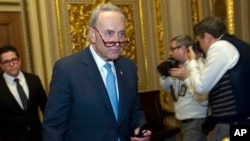 El senador Charles Schumer, demócrata por Nueva York, se dirige a la cámara del Senado luego de una reunión a puerta cerrada con sus compañeros demócratas en el Capitolio, el 19 de enero de 2018, en Washington.