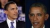 左图为奥巴马2008年当选总统时,右图为奥巴马2015年在美国白宫发表讲话