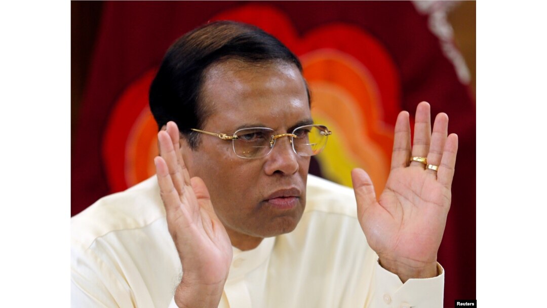 FILE - Sri Lanka's President Maithripala Sirisena speaks during a meeting with Foreign Correspondents Association at his residence in Colombo, Sri Lanka, Nov. 25, 2018.