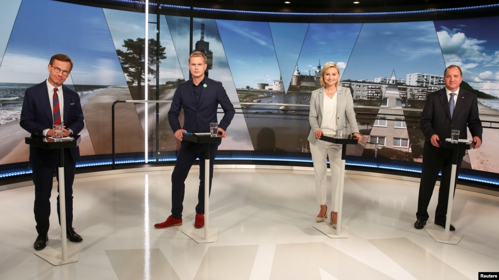 Moderate Party leader Ulf Kristersson, Green Party spokesperson Gustav Fridolin, Christian Democrats party leader Ebba Busch Thor and Sweden's Prime Minister and Social Democrat party leader Stefan Lofven during a TV debate in Stockholm, Sweden, Sept. 03, 2018.