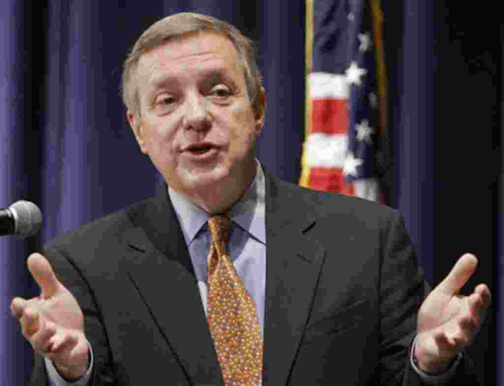 U.S. Sen. Dick Durbin, D-Ill., discusses the war in Iraq and America's image in the international community while in Springfield, Ill., Thursday, March 20, 2008. (AP Photo/Seth Perlman)