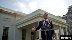 Ukraine's Prime Minister Volodymyr Groysman talks to members of the media after a meeting with U.S. Vice President Joe Biden, at the White House in Washington U.S., June 15, 2016.