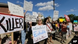 Protestors gather outside Dr. Walter James Palmer's dental office in Bloomington, Minn., Wednesday, July 29, 2015. Palmer reportedly paid $50,000 to track and kill Cecil, a black-maned lion, just outside Hwange National Park in Zimbabwe. (AP Photo/Ann Heisenfelt)