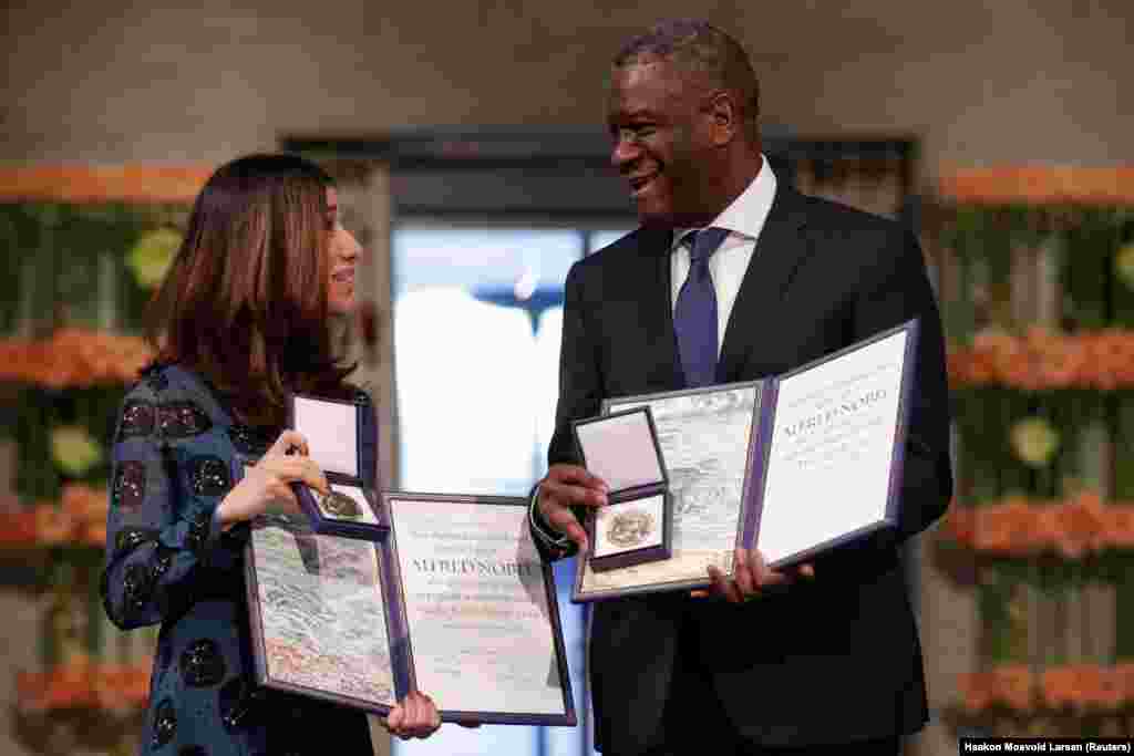 Iraqi Nadia Murad and Congolese doctor Denis Mukwege receive the Nobel Peace Prize for their efforts to end the use of sexual violence as a weapon of war and armed conflict at the Nobel Peace Prize Ceremony in Oslo Town Hall in Oslo, Norway.