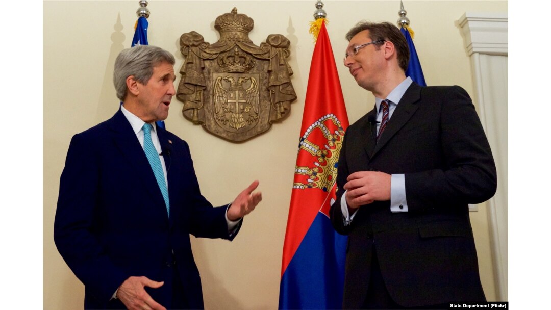 U.S. Secretary of State John Kerry alongside Serbian Prime Minister Aleksandar Vucic delivers a statement to the press at the Prime Minister's residence in Belgrade, Serbia, on December 2, 2015. (Photo: State Department Flickr)