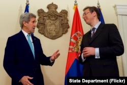 U.S. Secretary of State John Kerry alongside Serbian Prime Minister Aleksandar Vucic delivers a statement to the press at the Prime Minister's residence in Belgrade, Serbia, on December 2, 2015. (Photo: State Department Flickr)