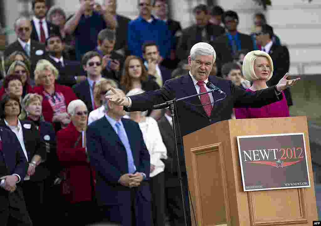 Republican presidential candidate Newt Gingrich focused on Super Tuesday states, and spoke during a campaign rally in Nashville, Tennessee on February 27, 2012. (AP)