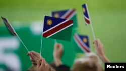 Des drapeaux namibiens lors de la coupe du monde de rugby en Nouvelle-Zélande, le 24 septembre 2015.