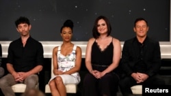 FILE - Cast members (L-R) James Frain, Sonequa Martin-Green, Mary Chieffo and Jason Isaacs attend a panel for the television series "Star Trek: Discovery" on set during the TCA CBS Summer Press Tour in Studio City, California, U.S.
