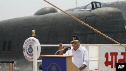 Indian Defense Minister A.K. Antony speaking at the induction ceremony of the INS Chakra II nuclear-powered submarine at the naval shipyard in Visakhapatnam, Andhra Pradesh, April 4, 2012.