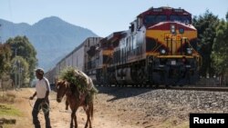 A man pulls his horse past a train stopped by a blockade of members of the National Coordination of Education Workers (CNTE) teachers' union in Patzcuaro, in Michoacan state, Mexico, Jan. 26, 2019. 