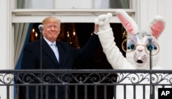 2018年4月2日，在白宫复活节彩蛋年会期间，川普总统和复活节兔子一起站在白宫的杜鲁门阳台上。
