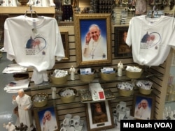 Pope Francis memorabilia is front and center in the gift shop at the Basilica of the National Shrine of the Immaculate Conception in Washington, D.C., where the pope is scheduled to canonize 18th-century Franciscan missionary Junipero Serra on Sept. 23, 2015. (PhotoL M. Bush / VOA)