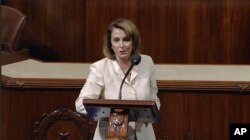 In this image from House Television video, House Minority Leader Nancy Pelosi of Calif., speaks June 14, 2017, on the House floor at the Capitol in Washington, as she talks about the shooting at the Republican congressional baseball practice.