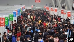 Chinese jobseekers check out the various vacancies offered at a job fair. Premier Wen Jiabao said China had set a lower than usual economic growth target and pledged to contain soaring prices, February 26, 2011