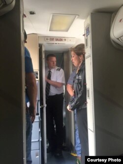 Pilot Tammie Jo Shults and cabin crew are seen on Southwest Airlines Flight 1380, in Philadelphia, April 17, 2018, in this picture obtained from social media.