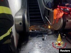 A part of the underground escalator damaged at the metro station at Piazza Repubblica in Rome, Italy, Oct. 23, 2018.