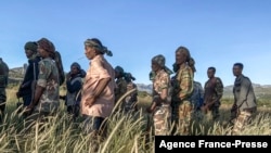 FILE - Amhara militia men, that combat alongside federal and regional forces against northern region of Tigray, receive training in the outskirts of the village of Addis Zemen, north of Bahir Dar, Ethiopia, on Nov. 10, 2020. 