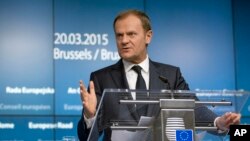 European Council President Donald Tusk speaks during a media conference at an EU summit in Brussels March 20, 2015.