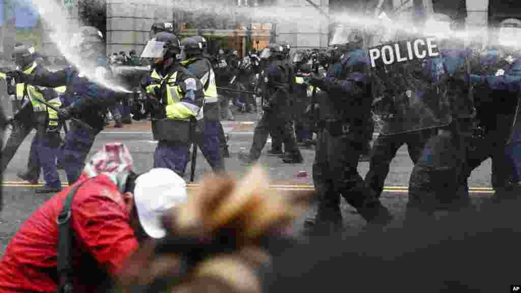 Protestors during a demonstration in downtown Washington, DC after the inauguration of President Trump.