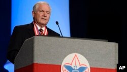 Former Defense Secretary Robert Gates addresses Boy Scouts of America's annual meeting after being selected as the organization's new president, in Nashville, Tenn., May 23, 2014.