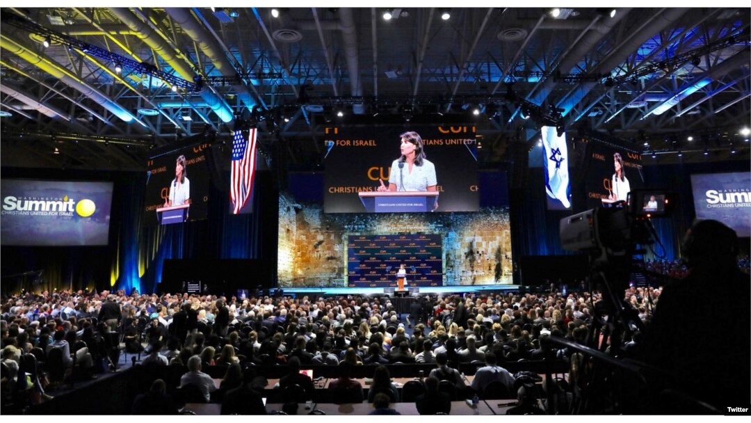 Duta Besar AS untuk PBB Nikki Haley memberikan sambutan dalam konferensi Kristen untuk Israel, di Washington, D.C., 23 Juli 2018.