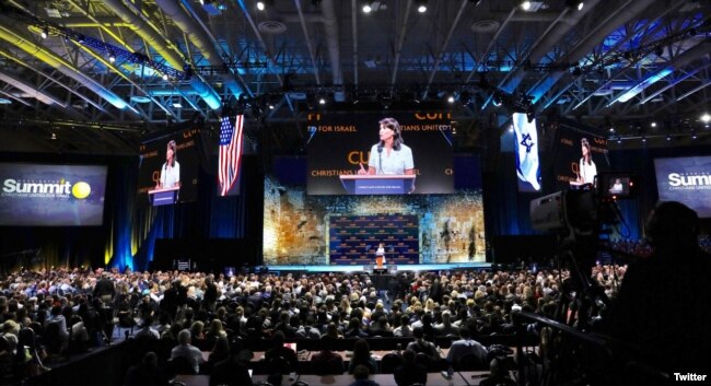 U.S. Ambassador to the U.N. Nikki Haley addresses a conference of Christians United for Israel, in Washington, D.C., July 23, 2018.