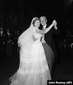 Mrs. Robert Shriver and her father, former Amb. Joseph P. Kennedy, dance the traditional father-daughter wedding dance on May 23, 1953 in New York City.(AP PHOTO/JOHN ROONEY)