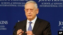 FILE - Defense Secretary Jim Mattis is pictured speaking in Washington, Jan. 19, 2018. Mattis said of the problem of what to do with foreign fighters captured in Syria: "Doing nothing is not an option,"