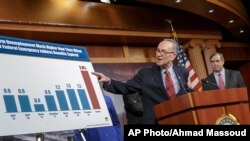 Sen. Charles Schumer (l), accompanied by Sen. Jeff Merkley, meets with reporters on Capitol Hill in Washington, Jan. 7, 2014.