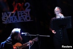 Atilla Aksoj and Jelena Milusic of Barimatango perform during the 22nd Jazz Fest in Sarajevo, Bosnia and Herzegovina, Nov. 4, 2018.
